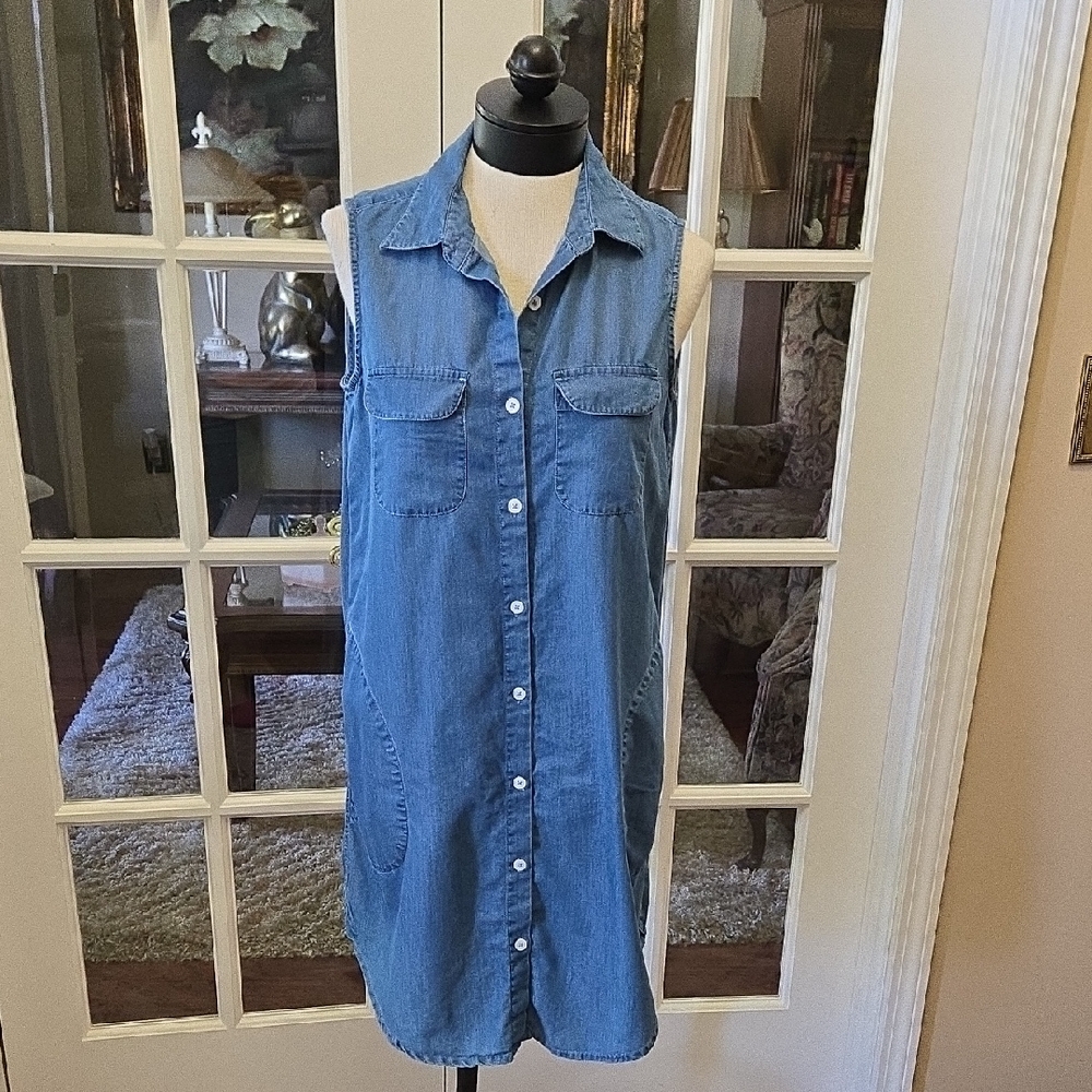 Karen Kane Blue Chambray Button Front Sleeveless dress 5 Pocket Shirttail Hem SM